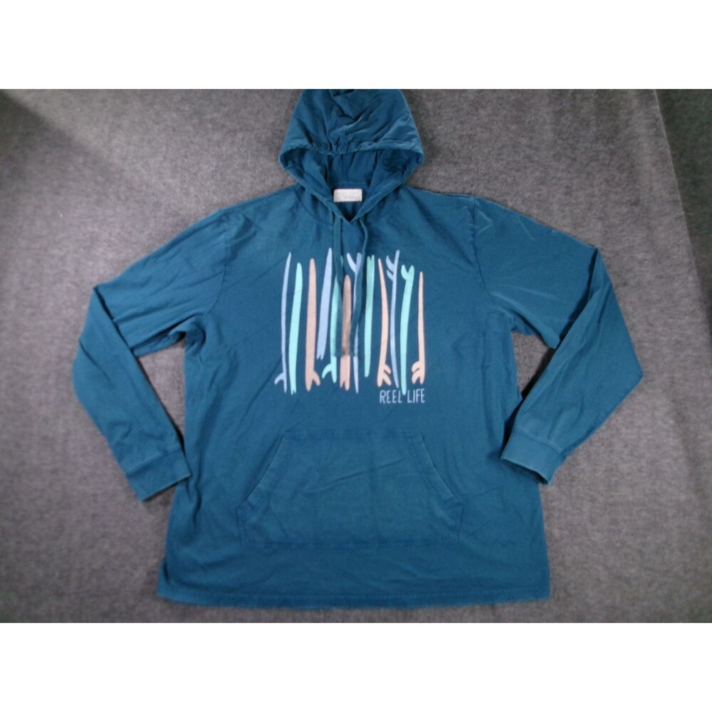 Reel Life Hoodie Mens 2X Graphic Pullover Hooded Long Sleeve Teal Fishing Pocket